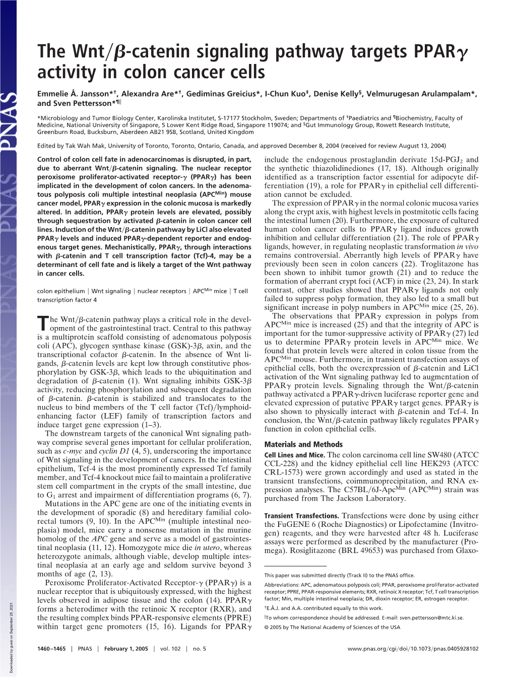 The Wnt -Catenin Signaling Pathway Targets PPAR Activity in Colon Cancer Cells