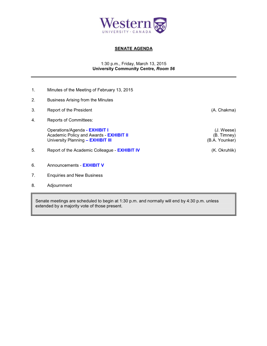 SENATE AGENDA 1:30 P.M., Friday, March 13, 2015 University