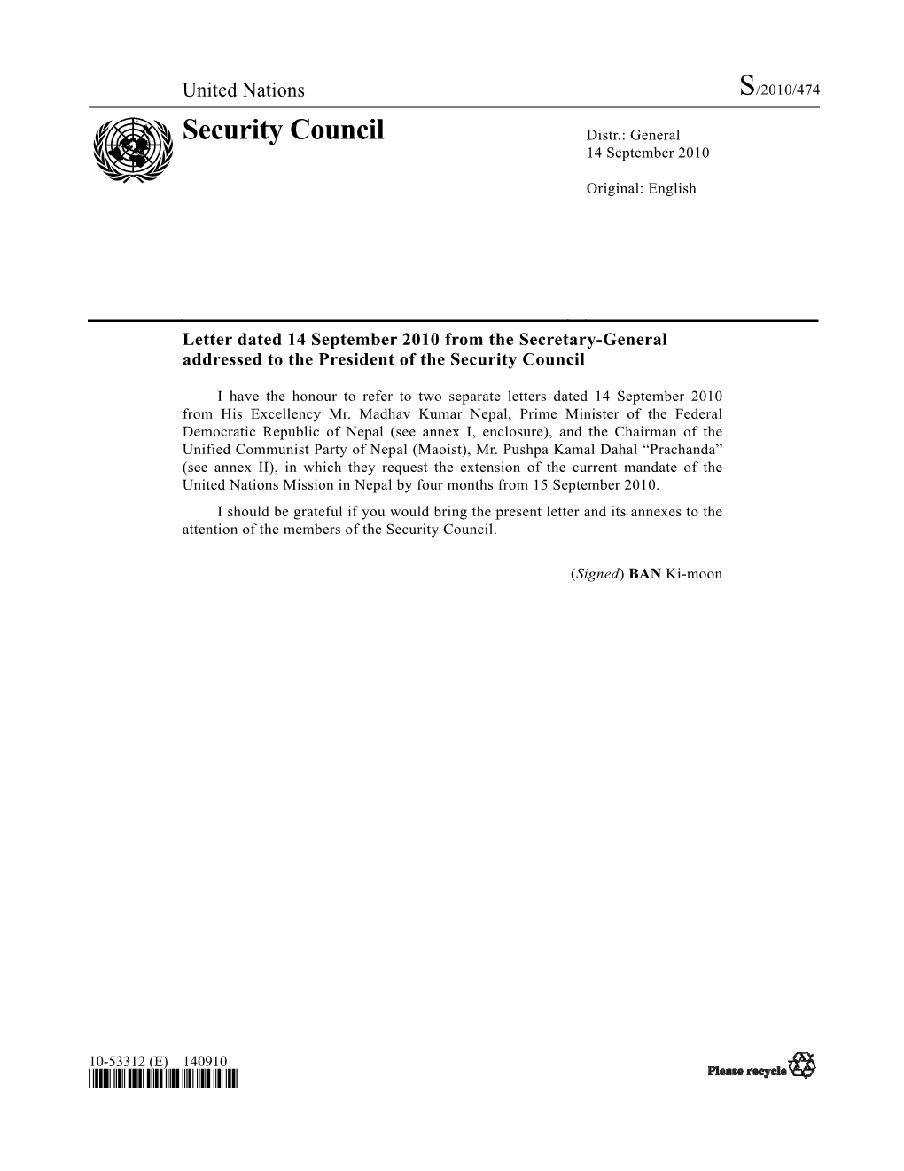 Letter Dated 14 September 2010 from the Secretary-General Addressed to the President of the Security Council