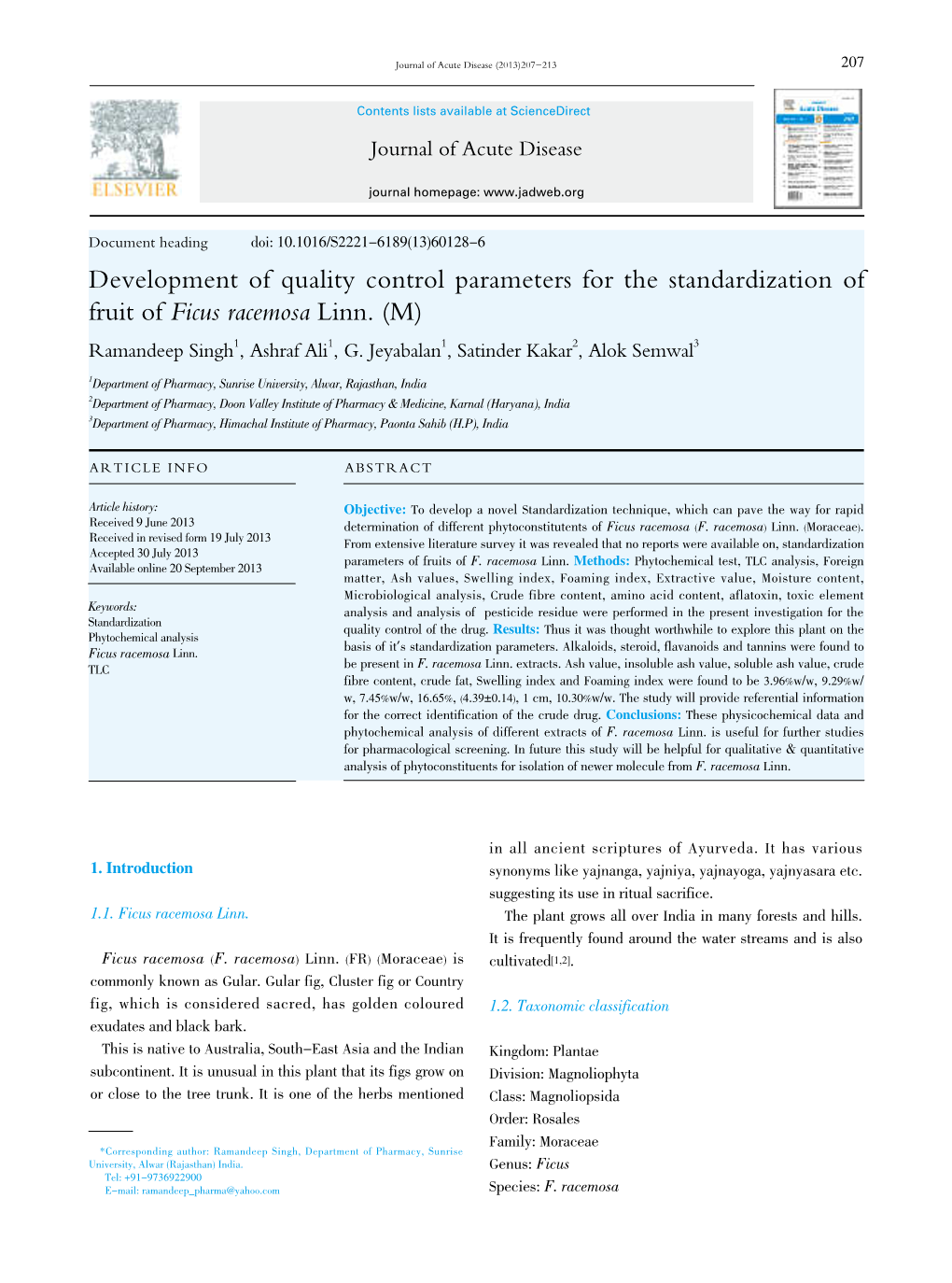 Development of Quality Control Parameters for the Standardization of Fruit of Ficus Racemosa Linn