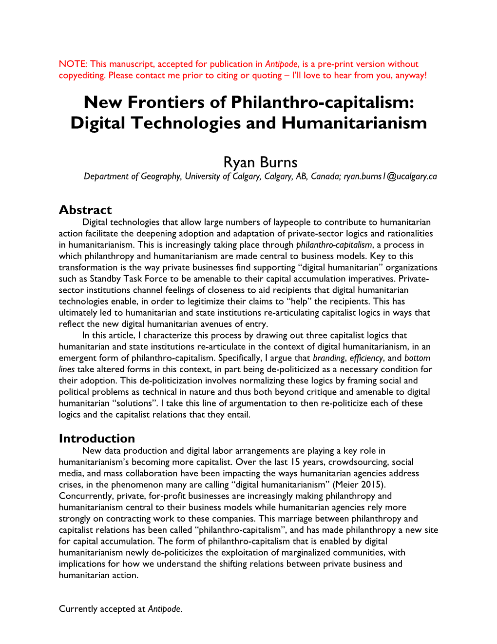 New Frontiers of Philanthro-Capitalism: Digital Technologies and Humanitarianism