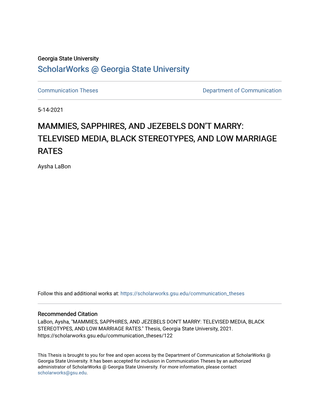 Mammies, Sapphires, and Jezebels Don't Marry: Televised Media, Black