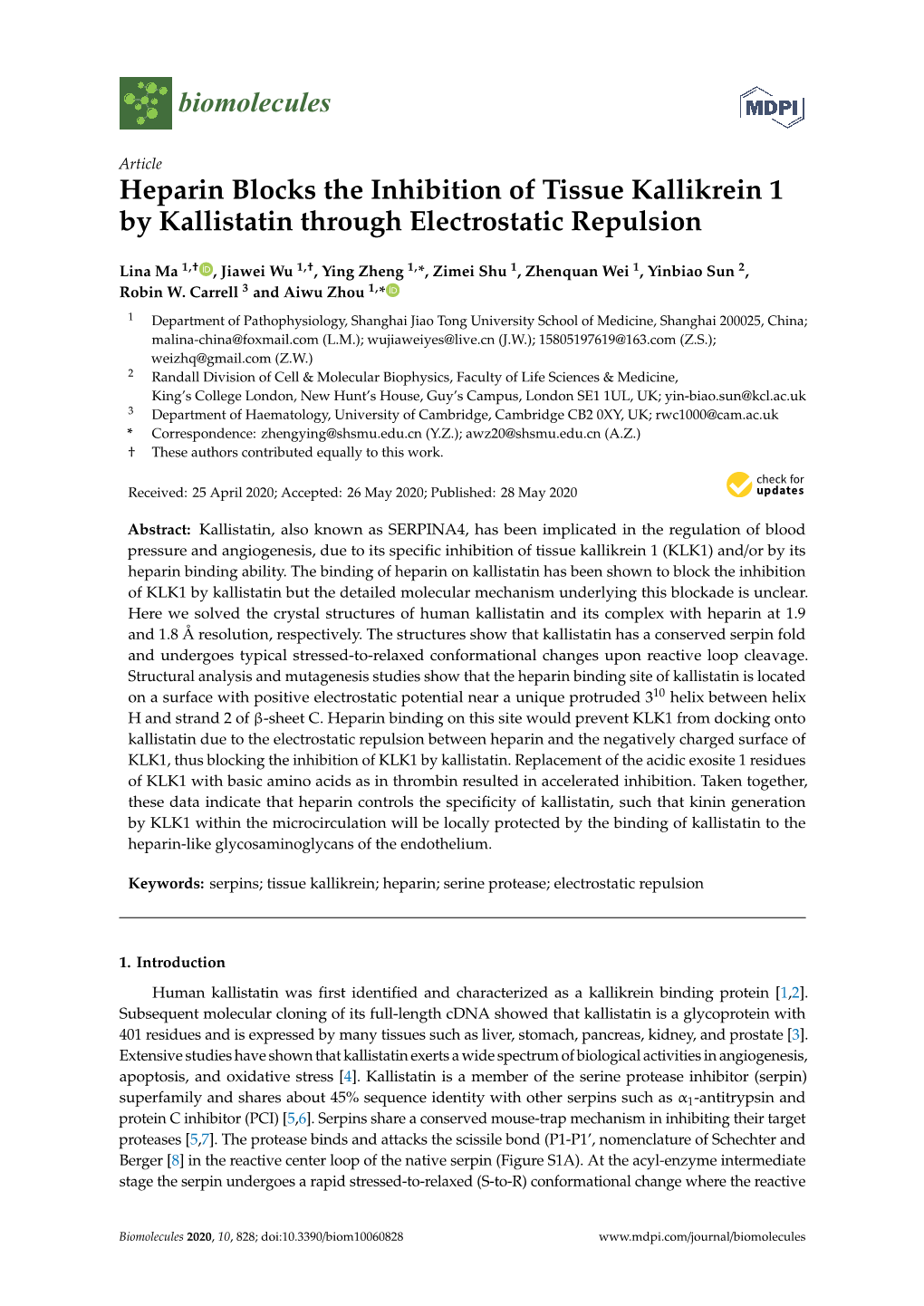 Heparin Blocks the Inhibition of Tissue Kallikrein 1 by Kallistatin Through Electrostatic Repulsion