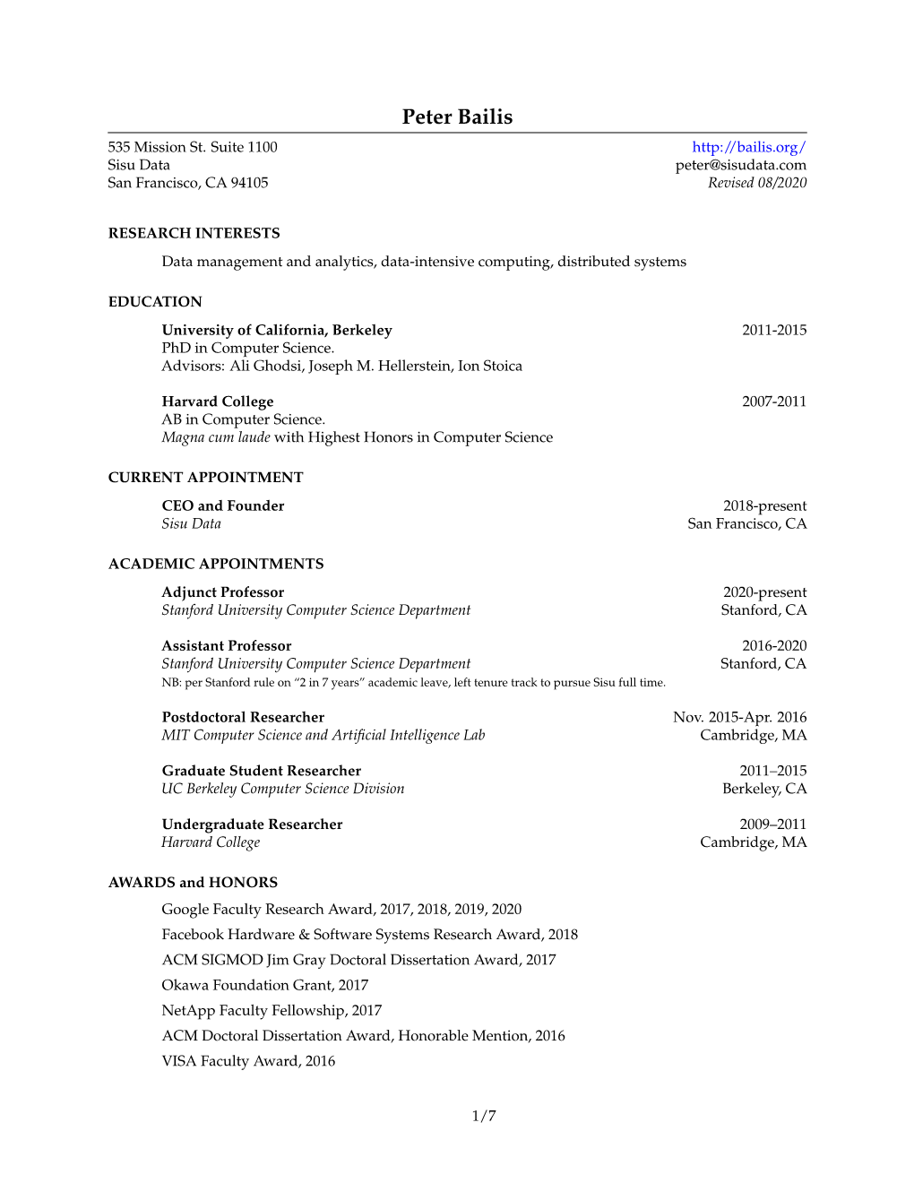 Peter Bailis CV