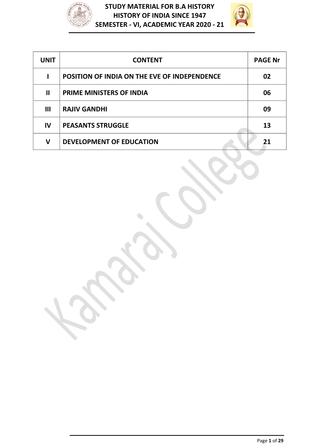 Study Material for Ba History History of India Since 1947 Semester