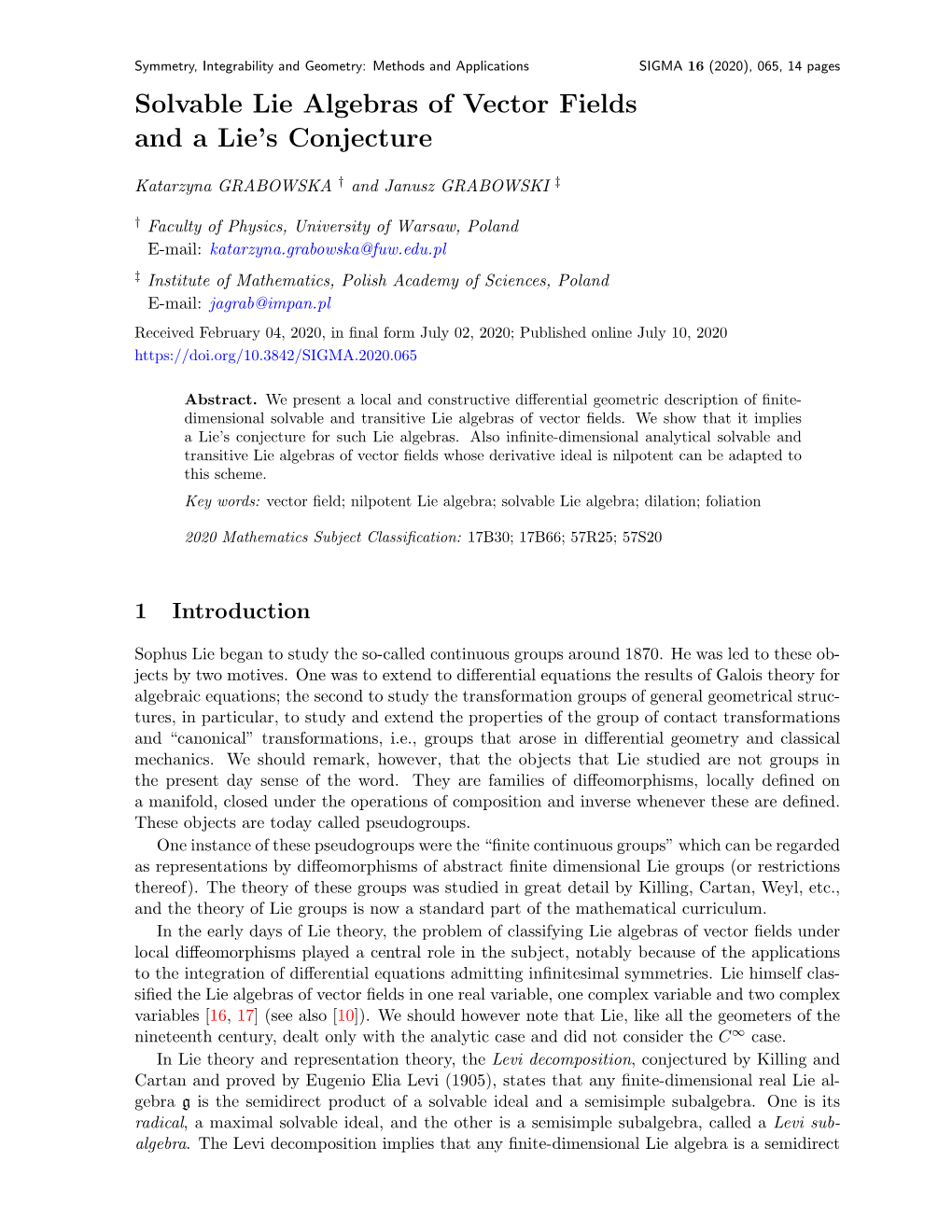 Solvable Lie Algebras of Vector Fields and a Lie's Conjecture