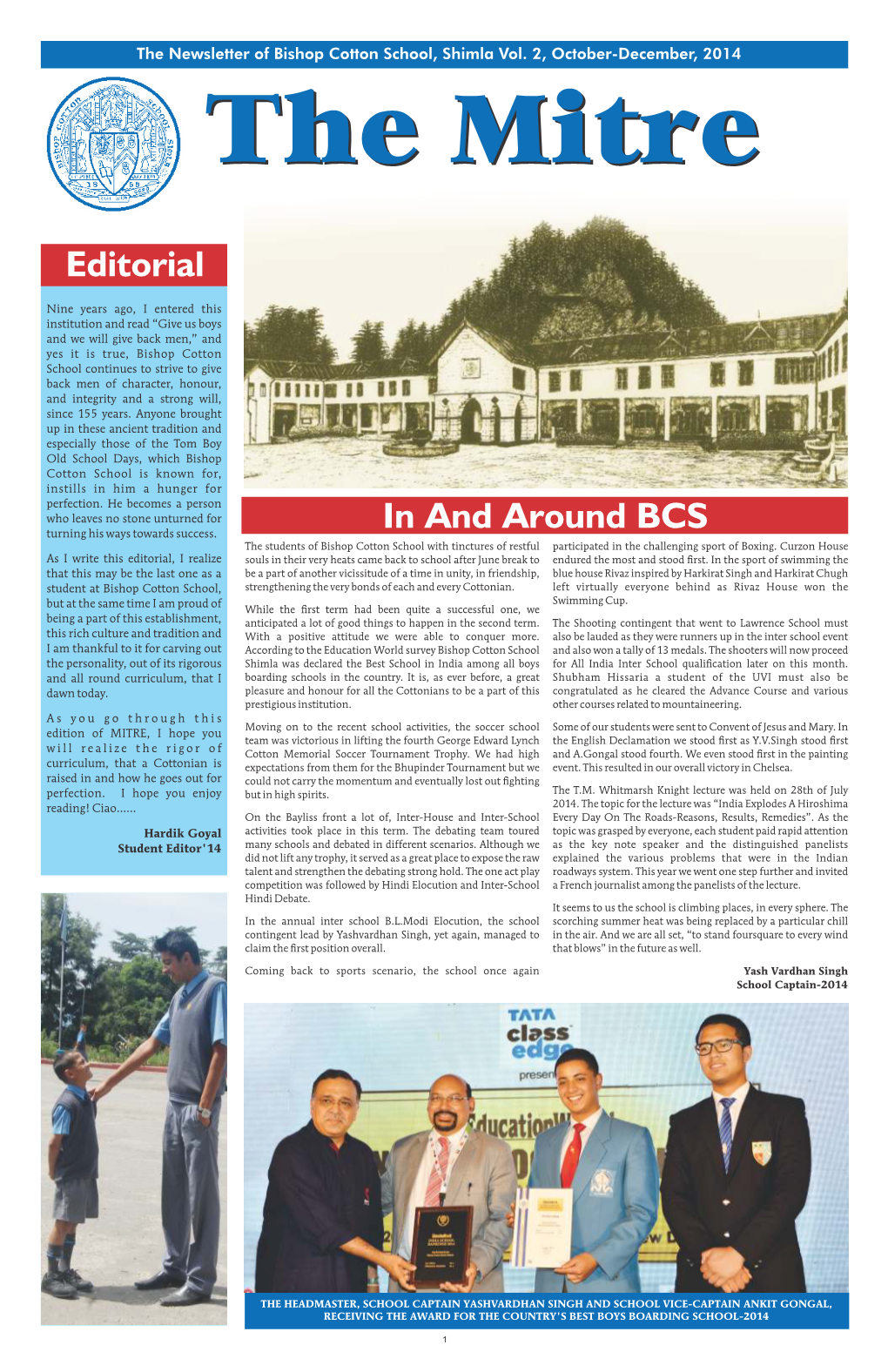 The Newsletter of Bishop Cotton School, Shimla Vol. 2, October-December, 2014