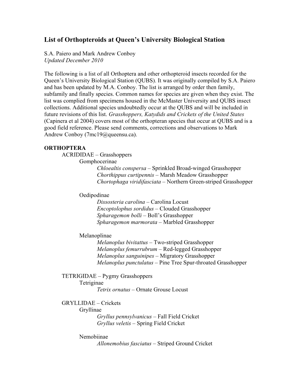 A Checklist of QUBS Orthopteroids