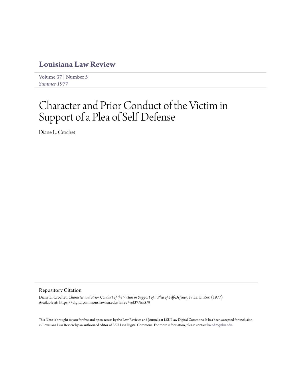 Character and Prior Conduct of the Victim in Support of a Plea of Self-Defense Diane L