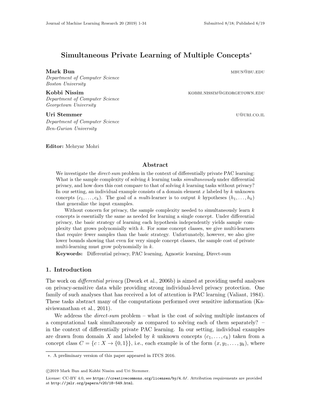 Simultaneous Private Learning of Multiple Concepts∗