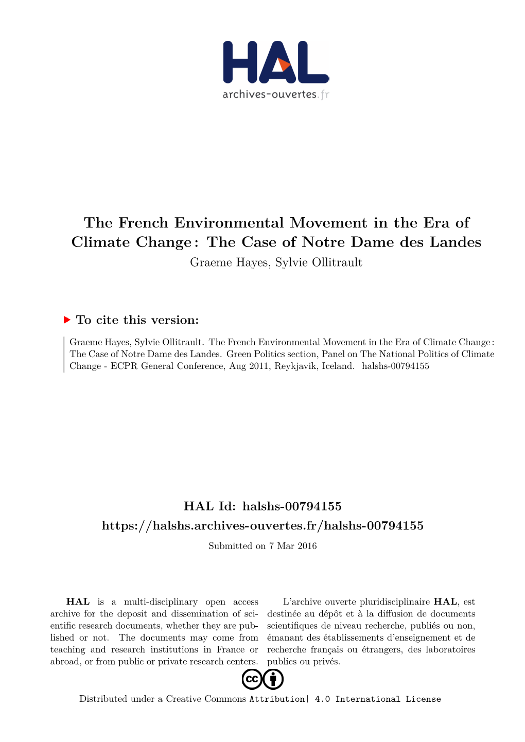 The French Environmental Movement in the Era of Climate Change : the Case of Notre Dame Des Landes Graeme Hayes, Sylvie Ollitrault