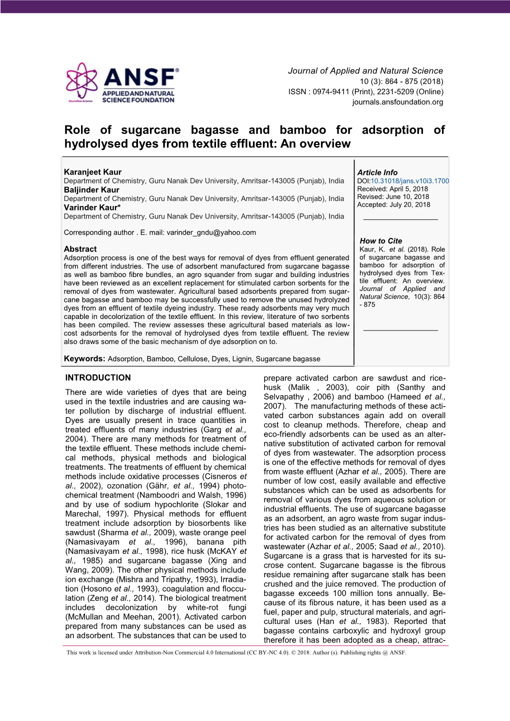 Role of Sugarcane Bagasse and Bamboo for Adsorption of Hydrolysed Dyes from Textile Effluent: an Overview