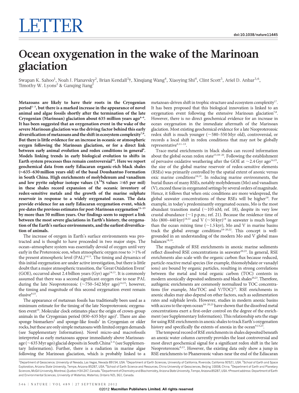 Ocean Oxygenation in the Wake of the Marinoan Glaciation