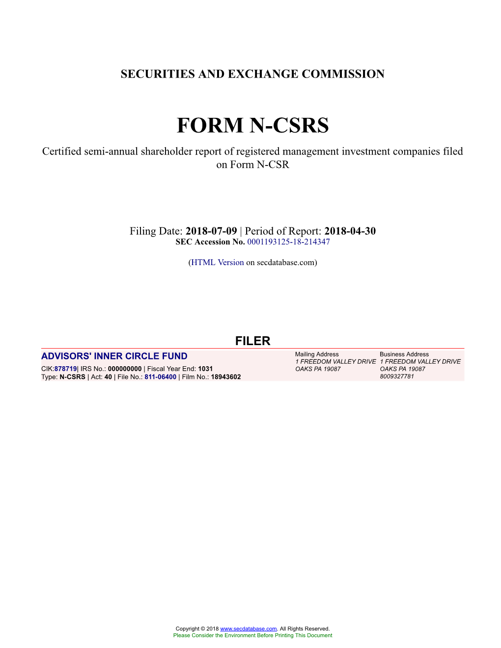 ADVISORS' INNER CIRCLE FUND Form N-CSRS Filed 2018-07-09