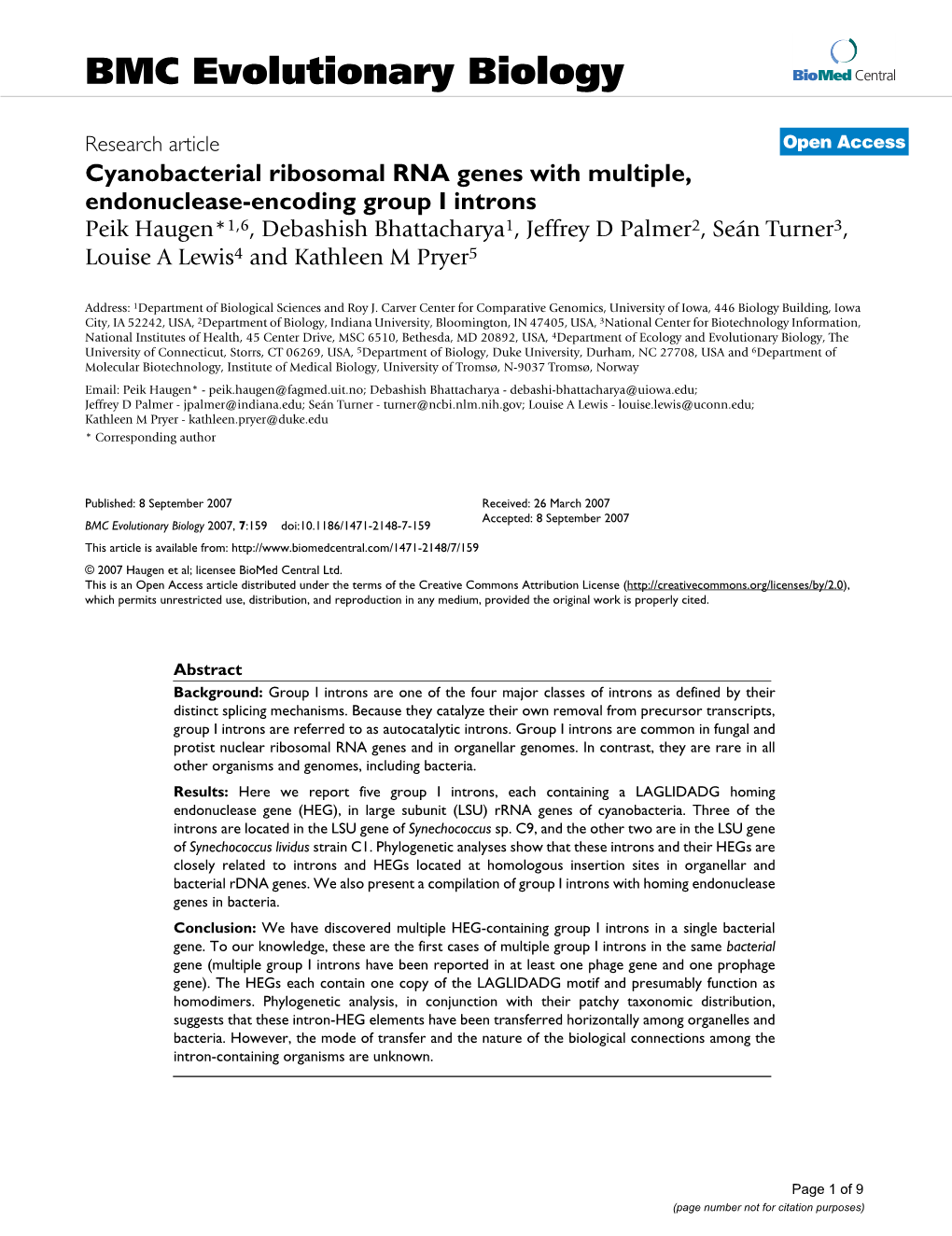 Cyanobacterial Ribosomal RNA Genes with Multiple, Endonuclease