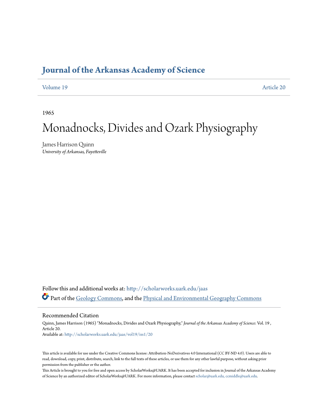 Monadnocks, Divides and Ozark Physiography James Harrison Quinn University of Arkansas, Fayetteville