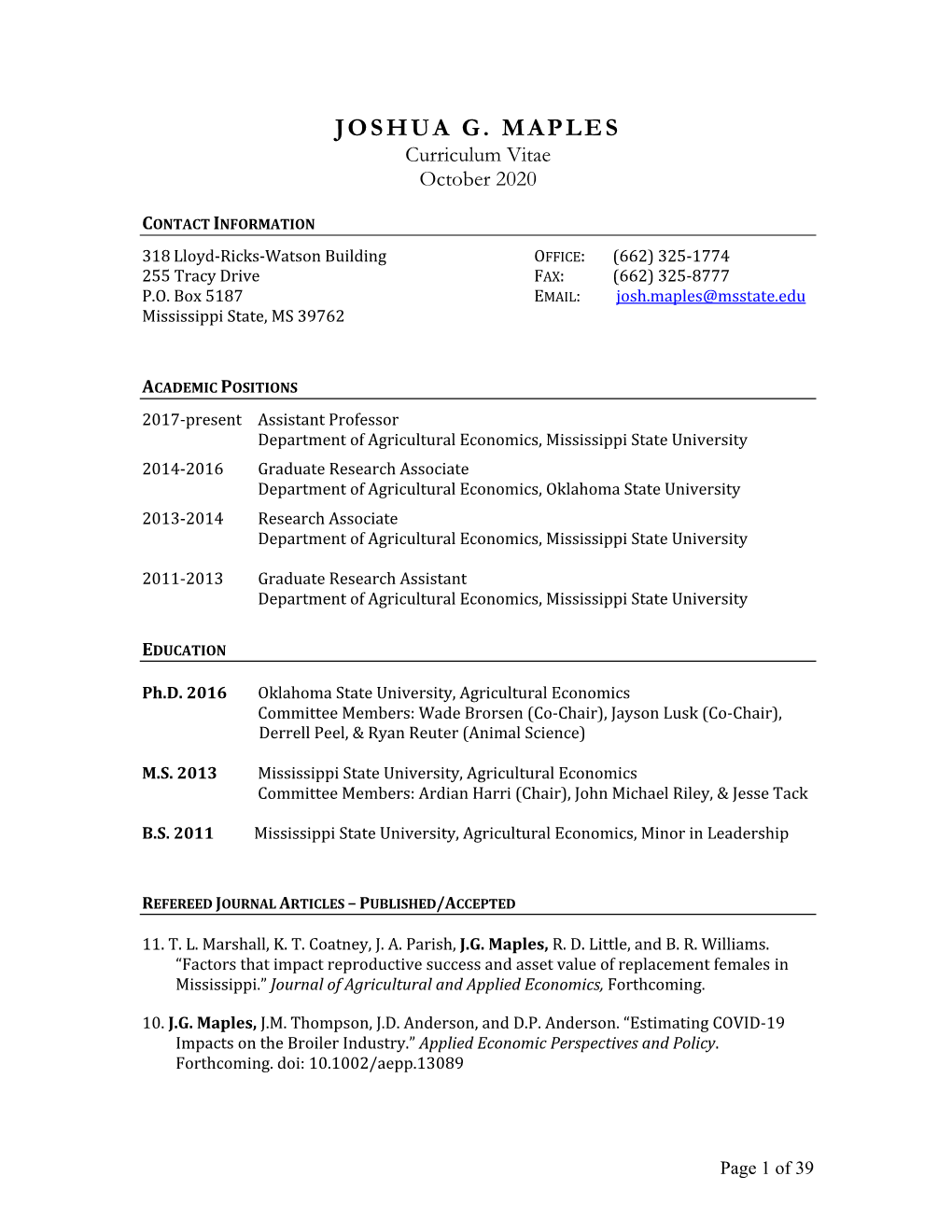 JOSHUA G. MAPLES Curriculum Vitae October 2020