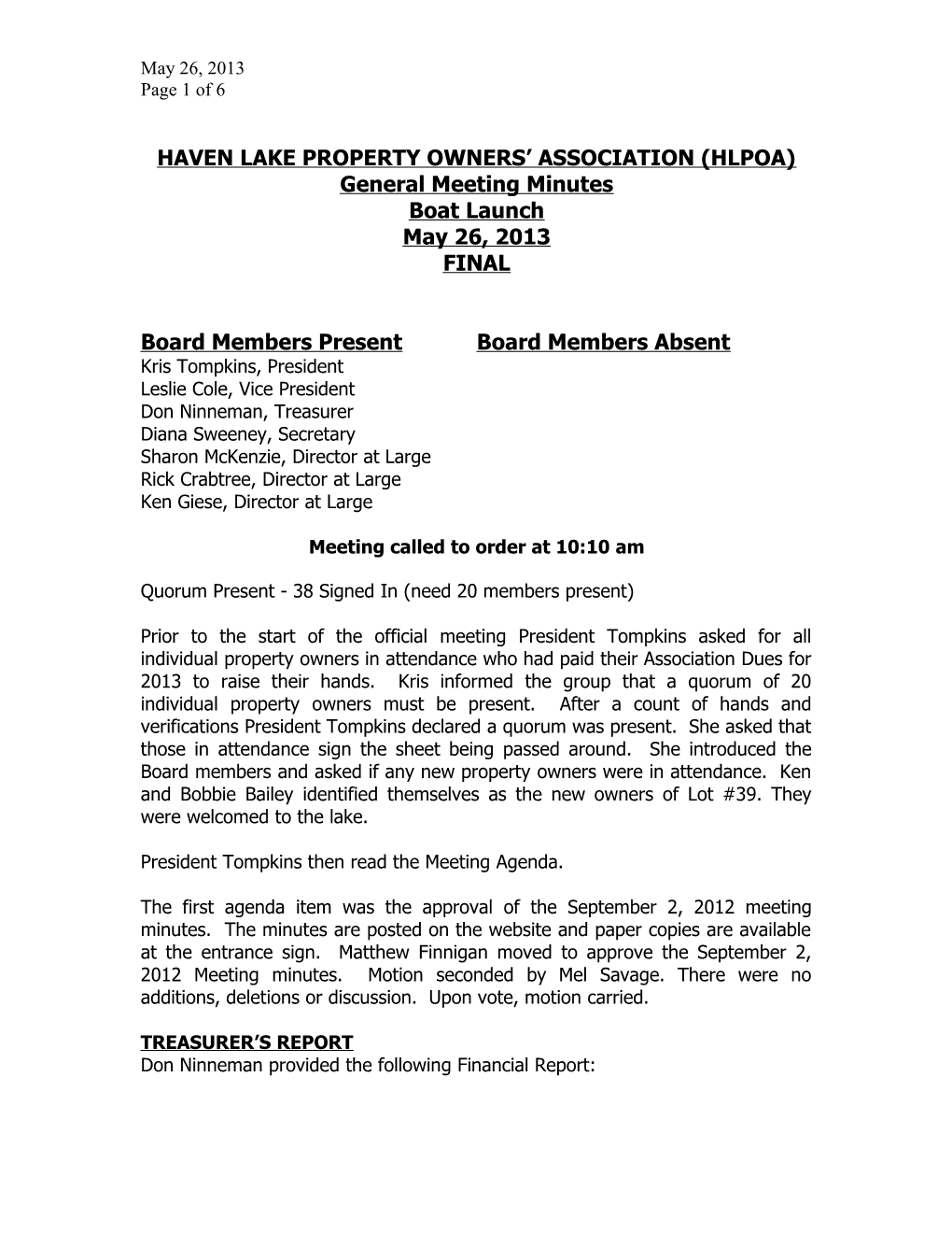 Haven Lake Property Owners Association (Hlpoa)