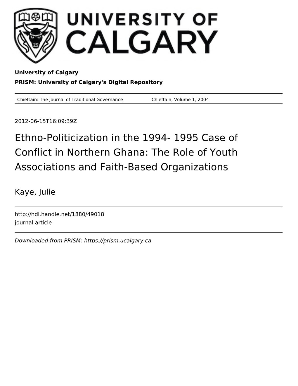 1995 Case of Conflict in Northern Ghana: the Role of Youth Associations and Faith-Based Organizations