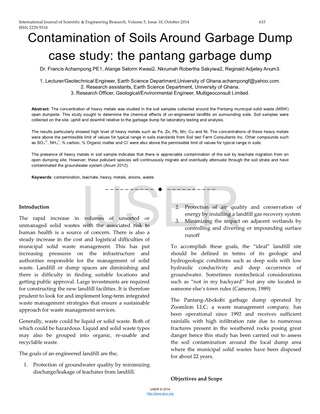 Contamination of Soils Around Garbage Dump Case Study: the Pantang Garbage Dump Dr