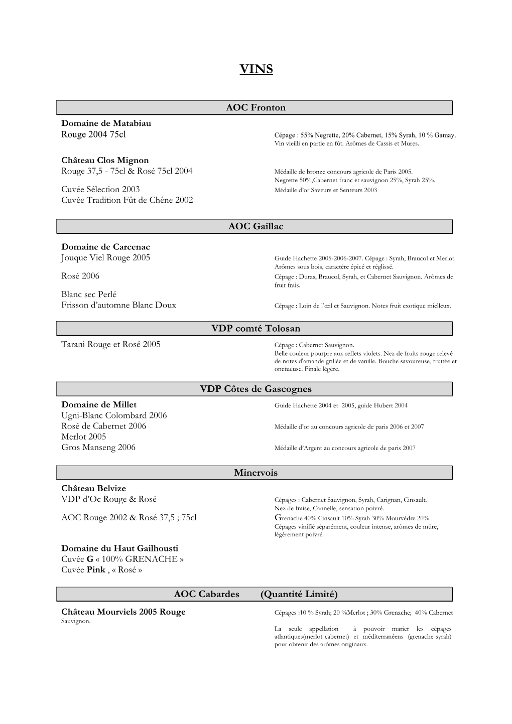 AOC Fronton AOC Gaillac VDP Comté Tolosan VDP Côtes De Gascognes