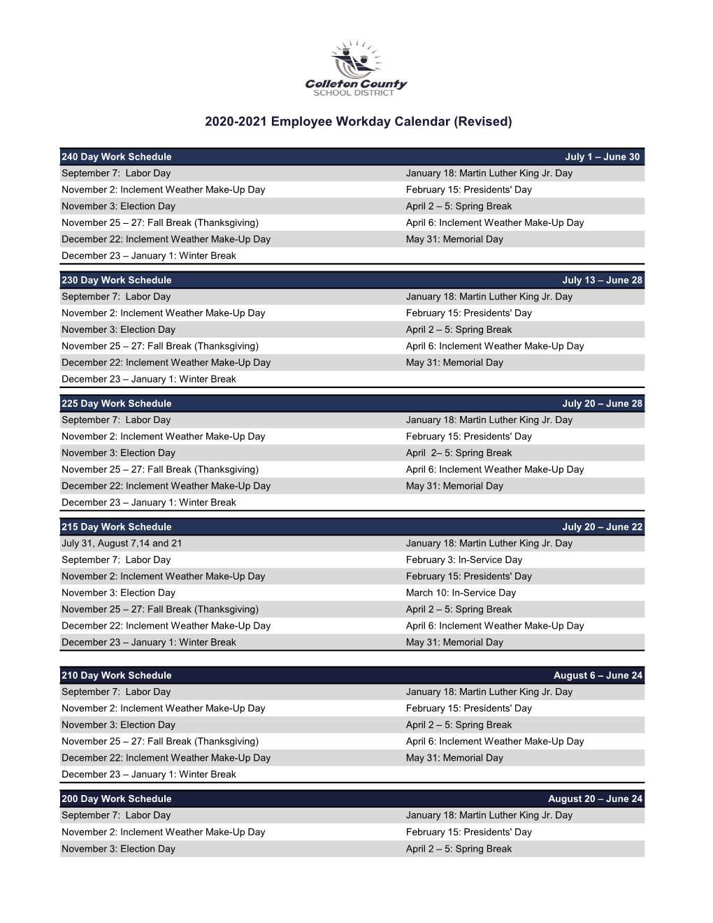 2020-2021 Employee Workday Calendar (Revised)