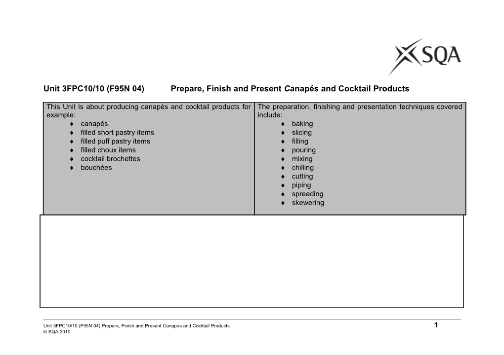 Unit 3FPC10/10 (F95N 04) Prepare, Finish and Present Canapés and Cocktail Products