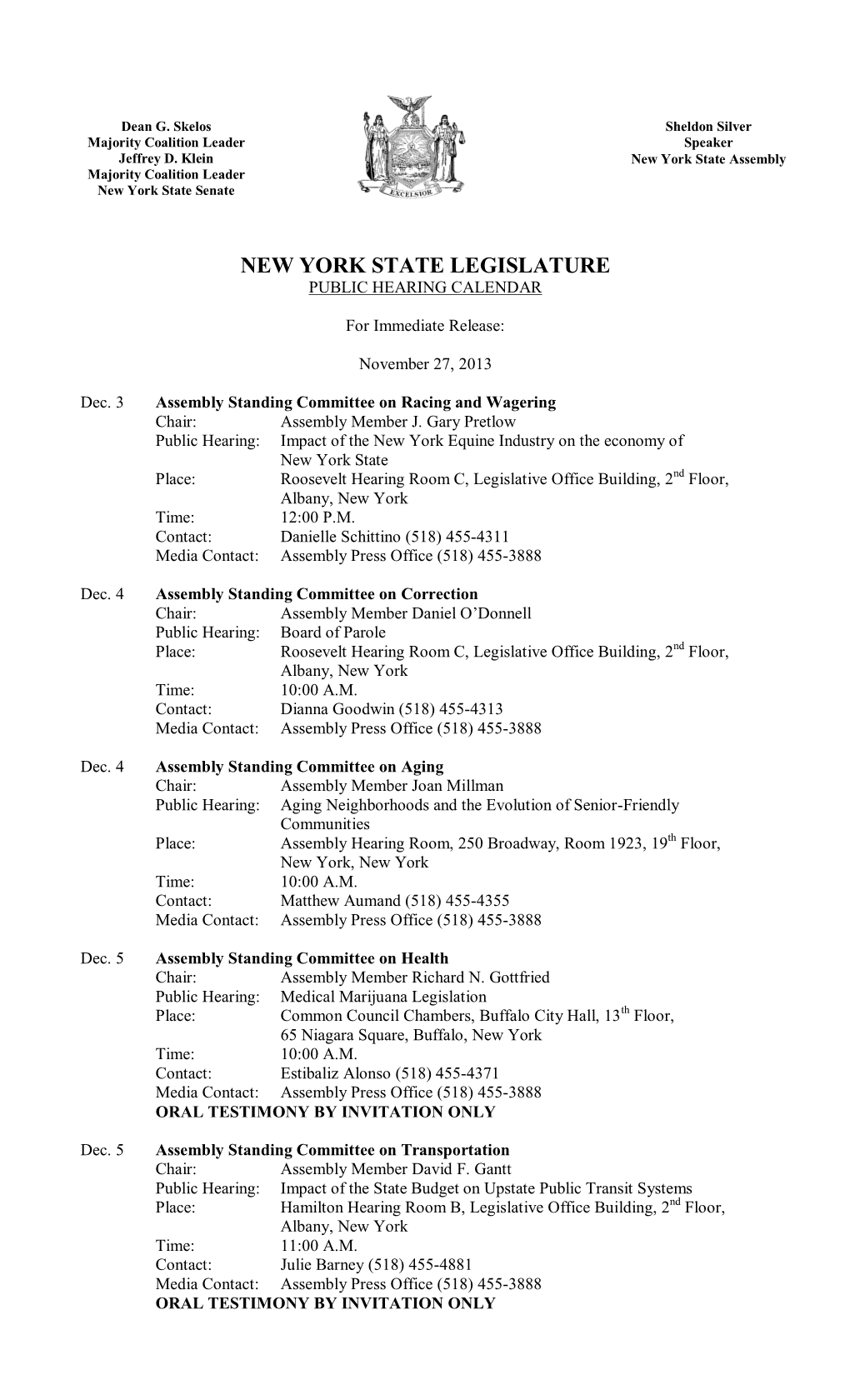 New York State Legislature Public Hearing Calendar