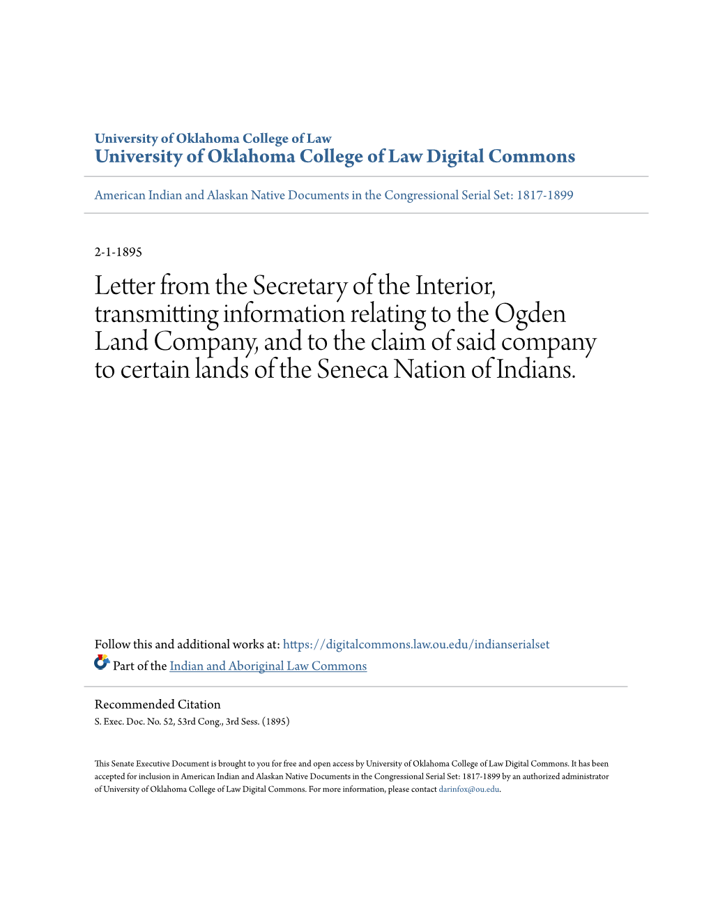 Letter from the Secretary of the Interior, Transmitting Information Relating to the Ogden Land Company, and to the Claim of Said