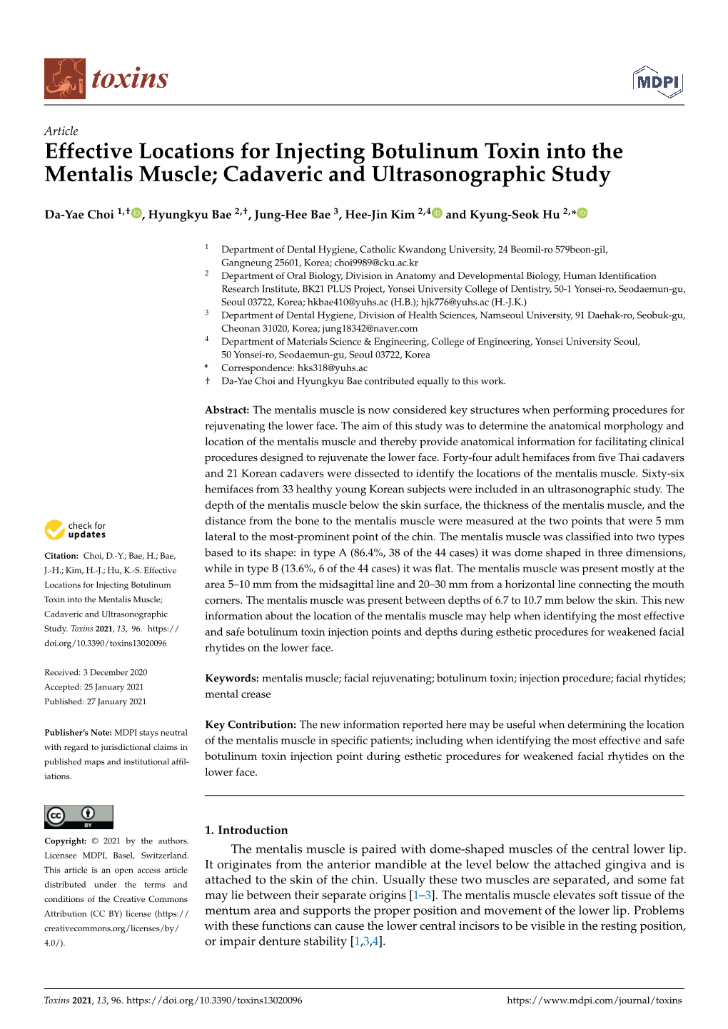 Effective Locations for Injecting Botulinum Toxin Into the Mentalis Muscle; Cadaveric and Ultrasonographic Study