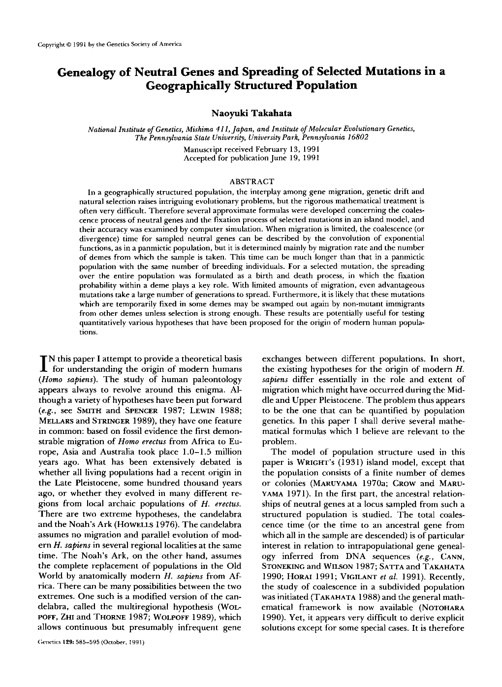 Genealogy of Neutral Genes and Spreading of Selected Mutations in a Geographically Structured Population