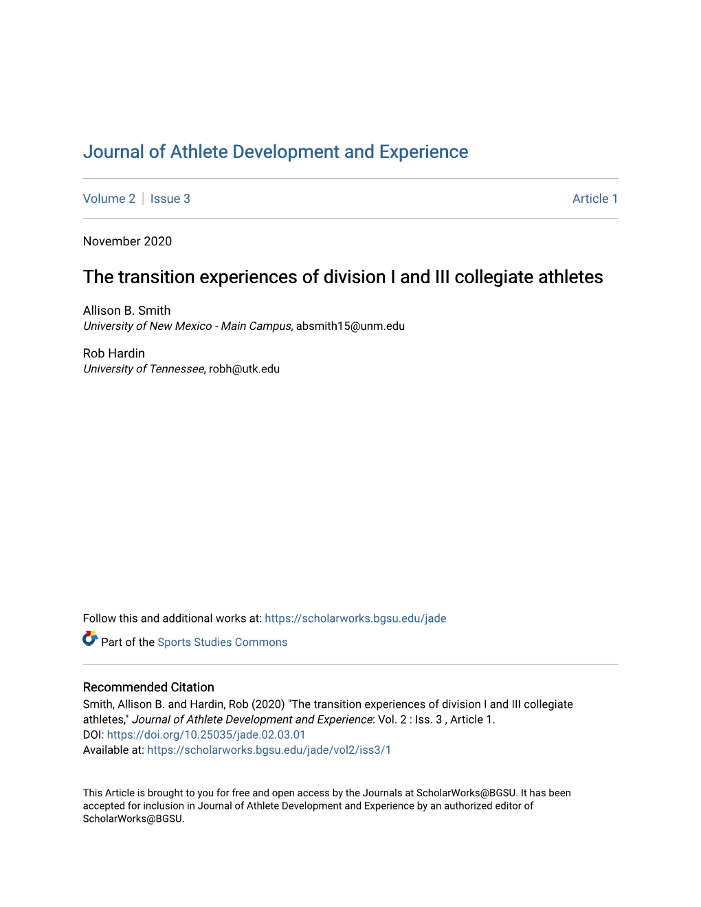 The Transition Experiences of Division I and III Collegiate Athletes