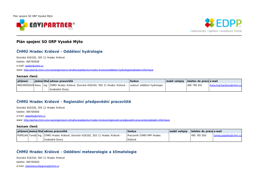 Plán Spojení SO ORP Vysoké Mýto ČHMÚ Hradec Králové