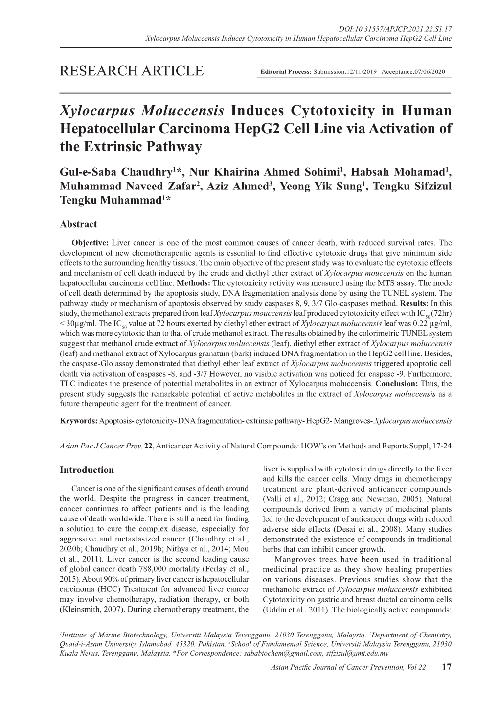 RESEARCH ARTICLE Xylocarpus Moluccensis Induces Cytotoxicity In