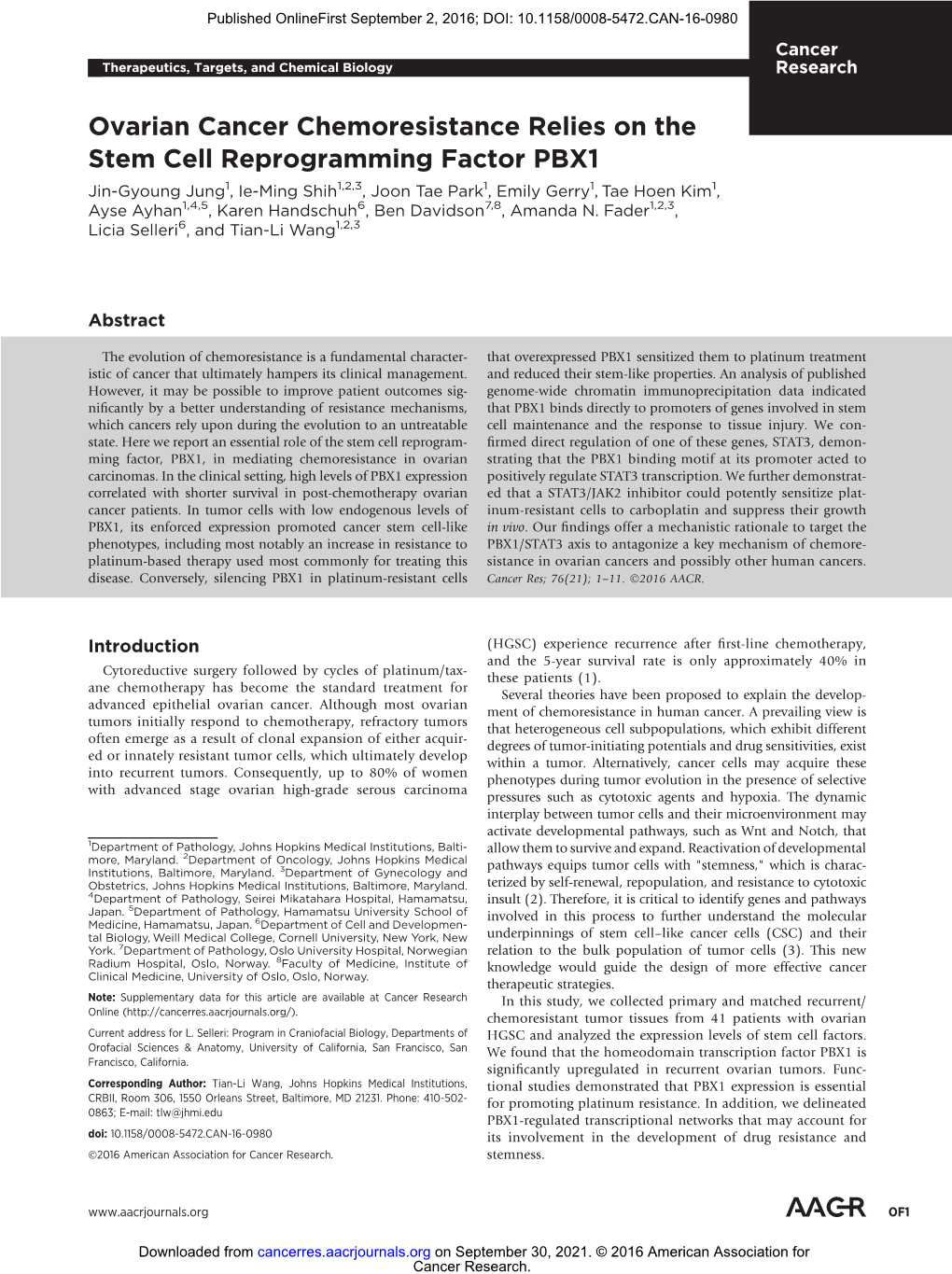 Ovarian Cancer Chemoresistance Relies on the Stem Cell Reprogramming Factor PBX1