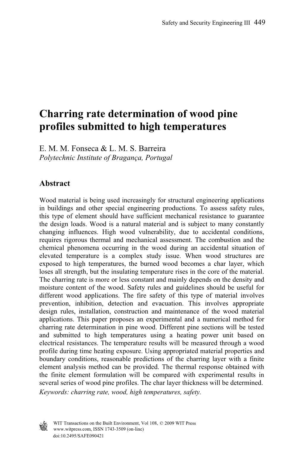 Charring Rate Determination of Wood Pine Profiles Submitted to High Temperatures