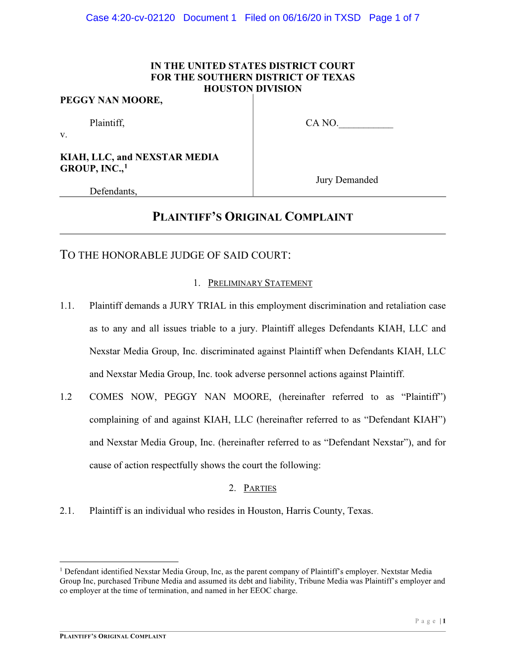 Case 4:20-Cv-02120 Document 1 Filed on 06/16/20 in TXSD Page 1 of 7