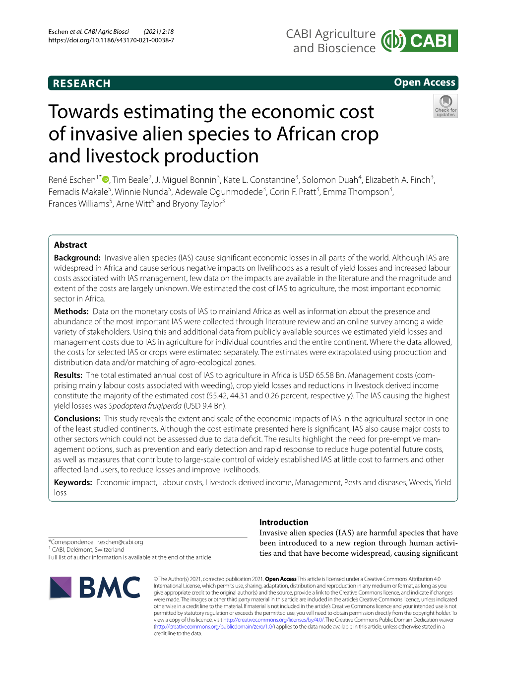 Towards Estimating the Economic Cost of Invasive Alien Species to African Crop and Livestock Production René Eschen1* , Tim Beale2, J