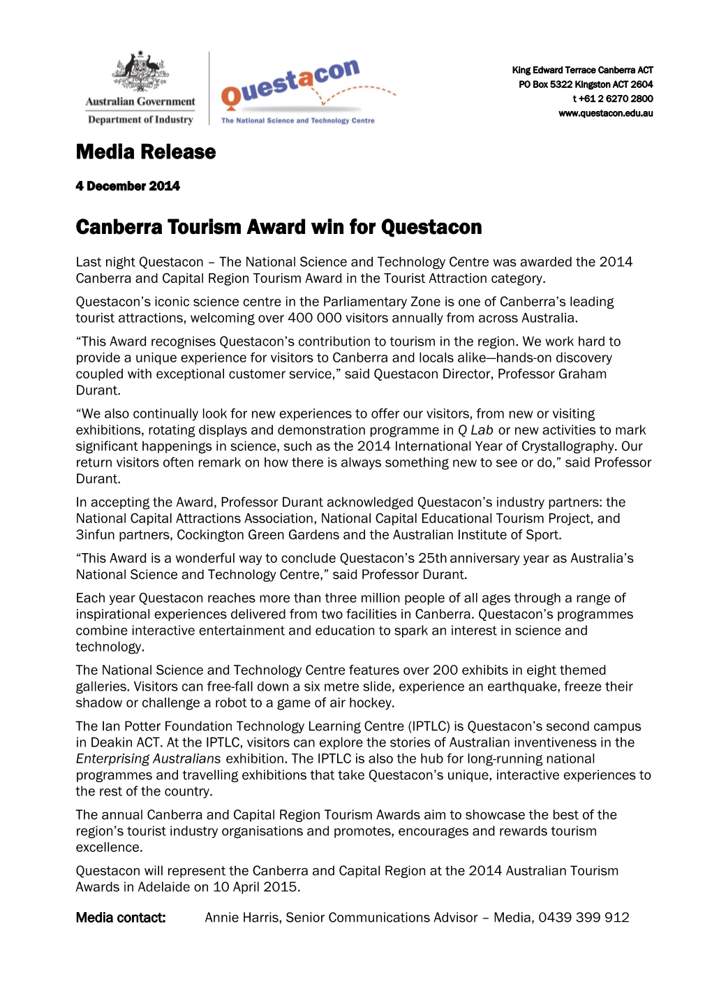 Questacon Wins Tourism Award