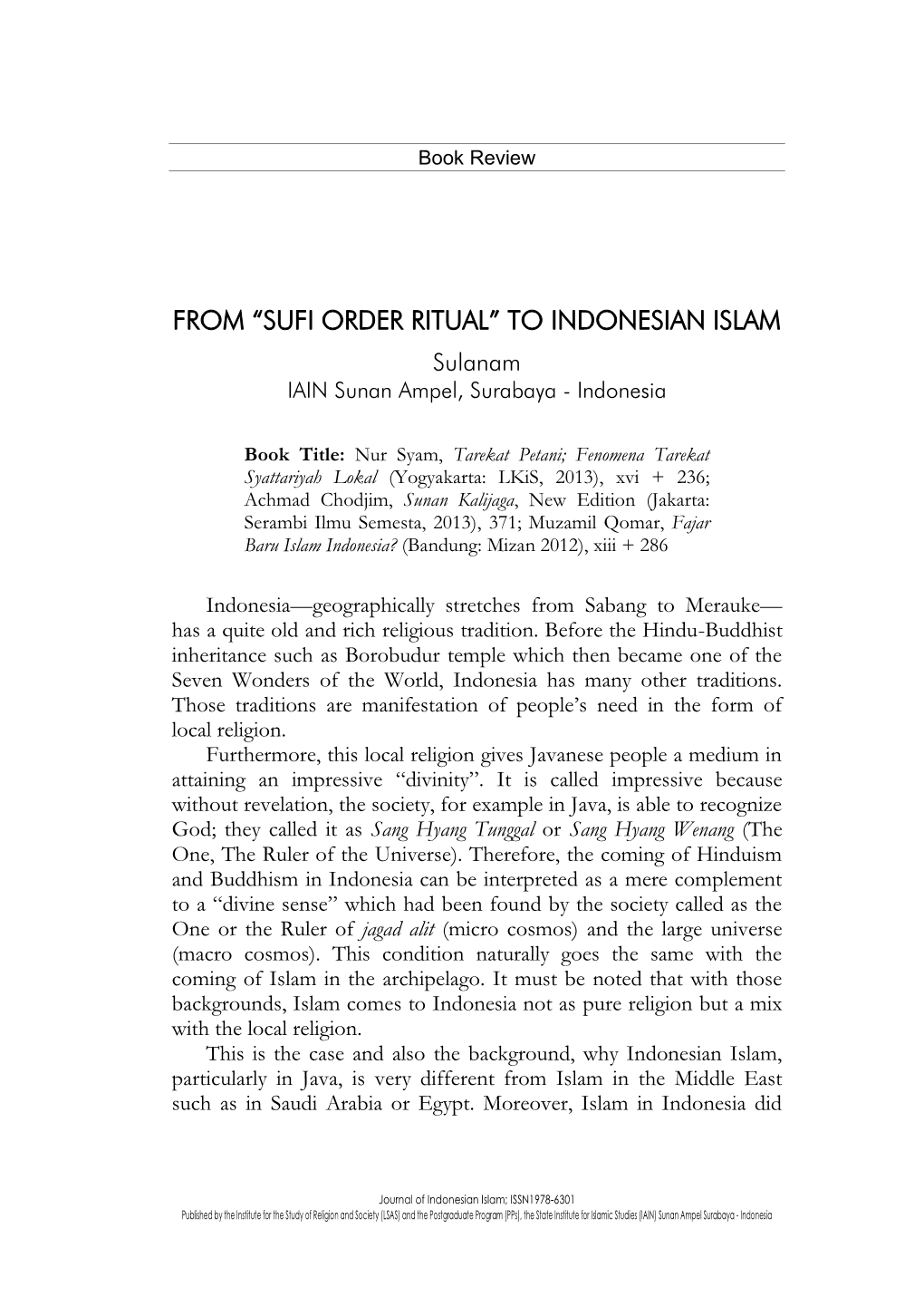 FROM “SUFI ORDER RITUAL” to INDONESIAN ISLAM Sulanam IAIN Sunan Ampel, Surabaya - Indonesia