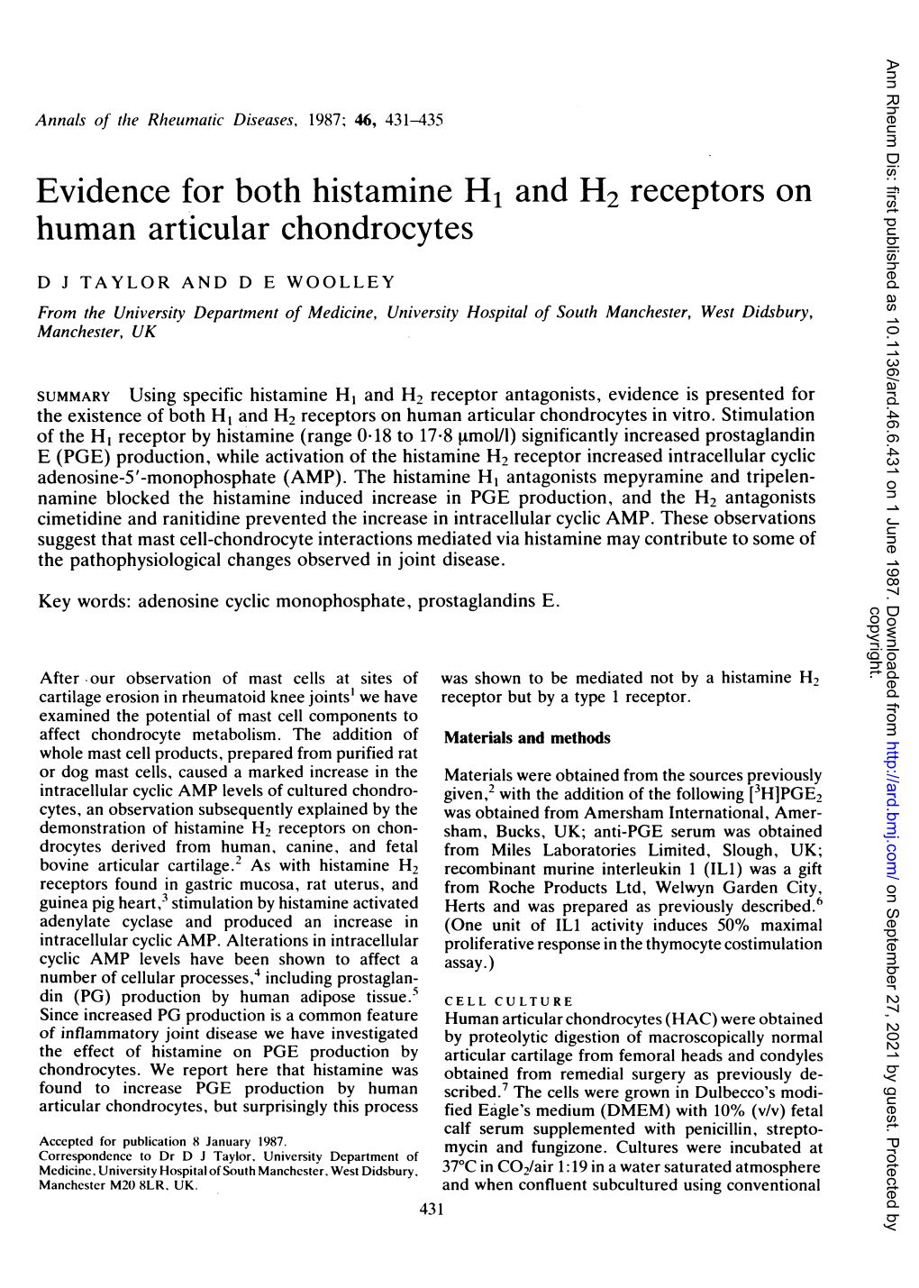 Evidence for Both Histamine H1 and H2 Receptors on Human Articular Chondrocytes