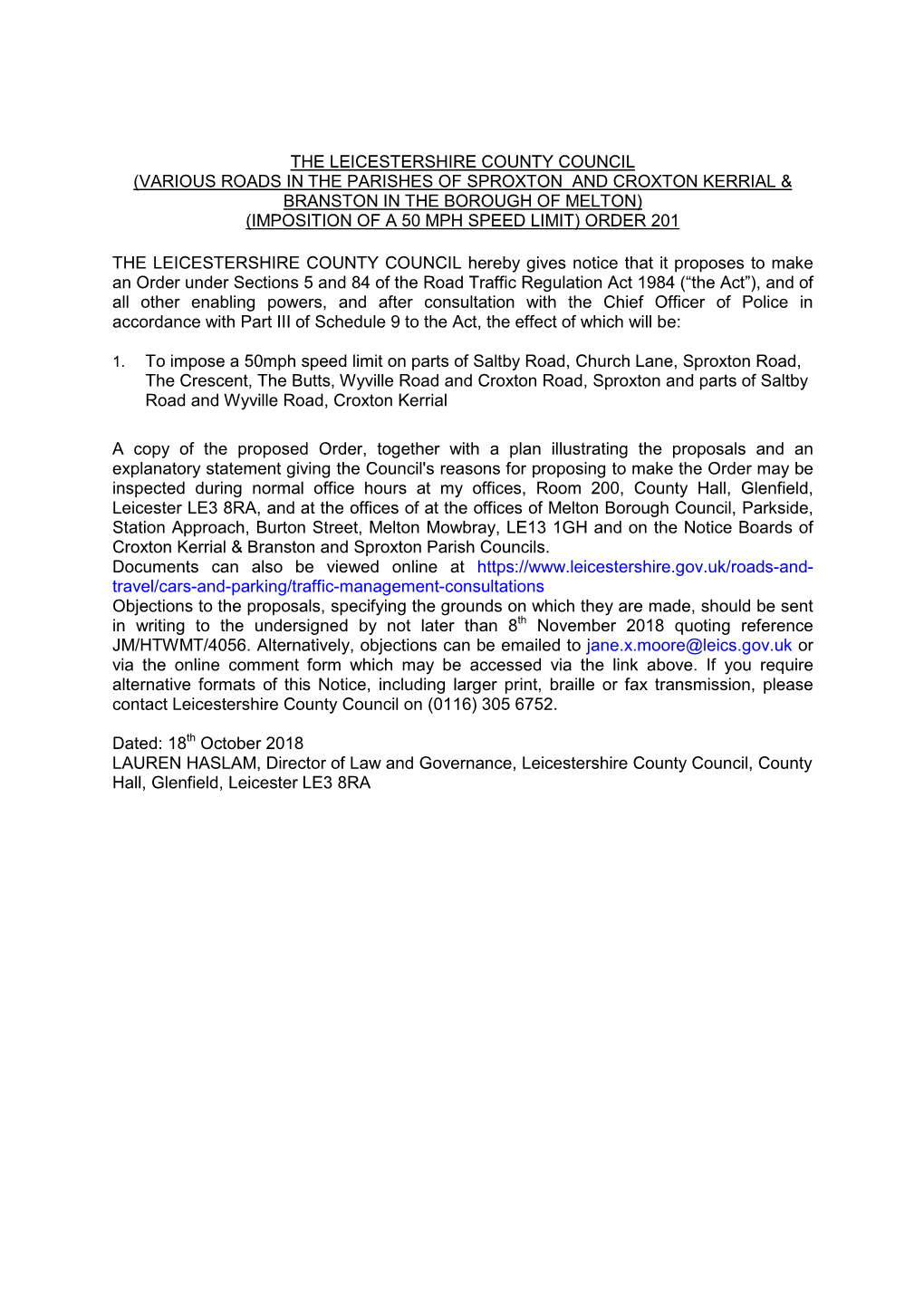 Sproxton and Croxton Kerrial & Branston in the Borough of Melton) (Imposition of a 50 Mph Speed Limit) Order 201