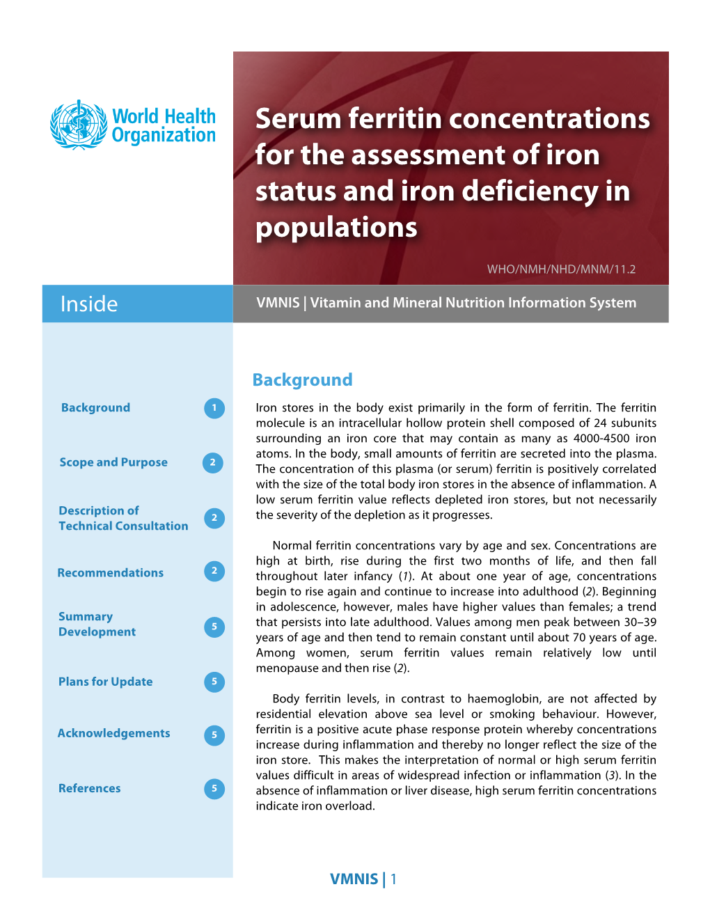 Serum Ferritin Concentrations for Assessment of Iron Status and Iron Deficiency in Populations