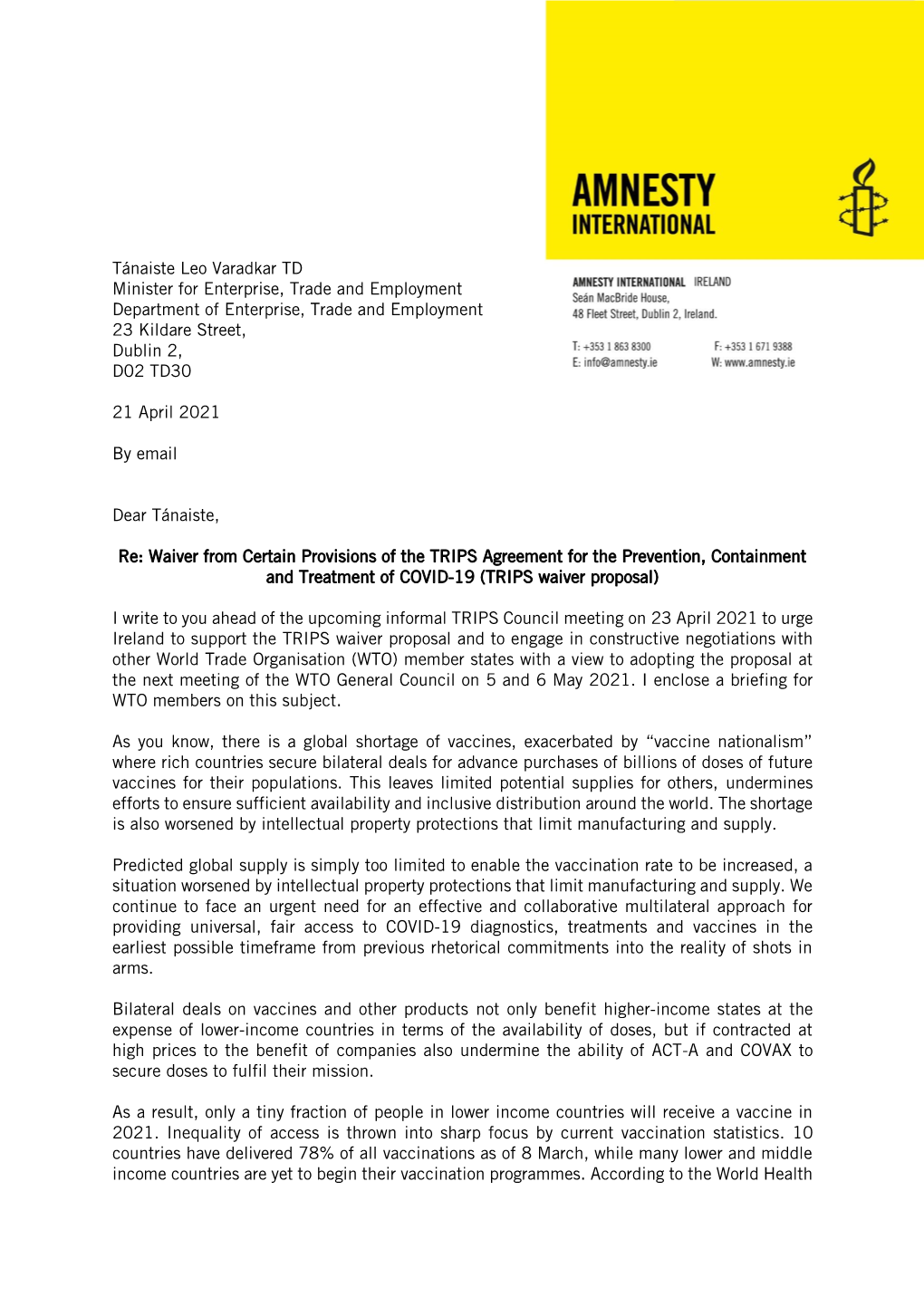 Amnesty International Letter to Tanaiste Leo Varadkar TD Re