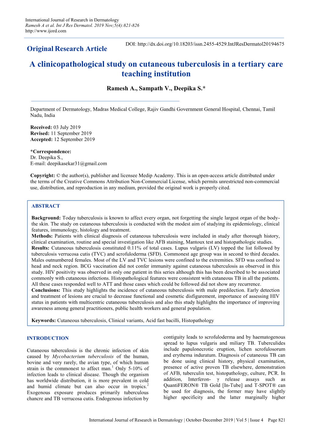 A Clinicopathological Study on Cutaneous Tuberculosis in a Tertiary Care Teaching Institution