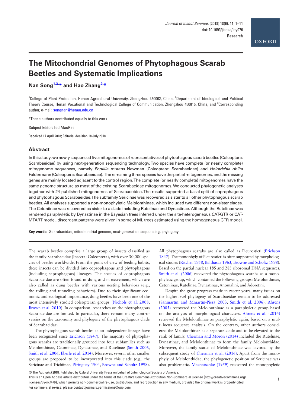 The Mitochondrial Genomes of Phytophagous Scarab Beetles and Systematic Implications