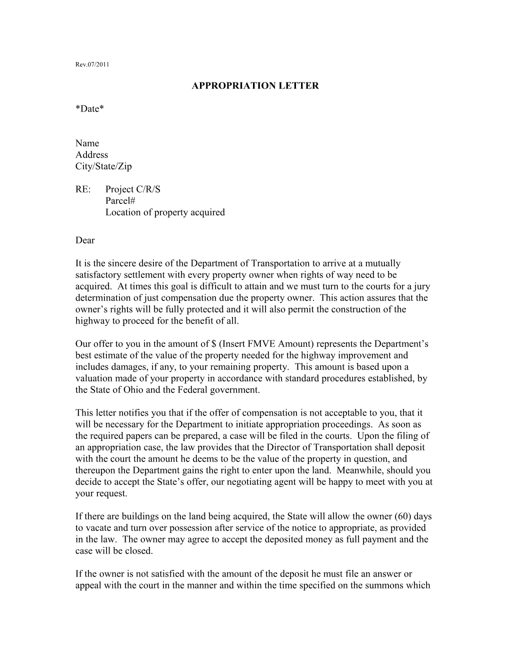 Appropriation Letter