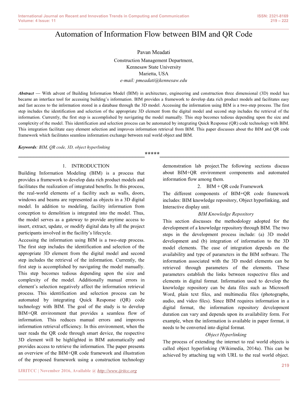 Automation of Information Flow Between BIM and QR Code