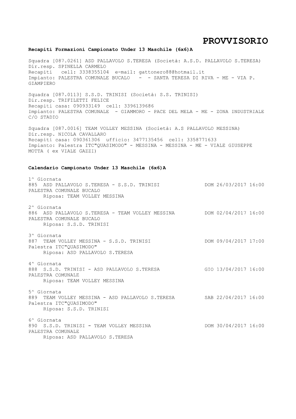 PROVVISORIO Recapiti Formazioni Campionato Under 13 Maschile (6X6)A