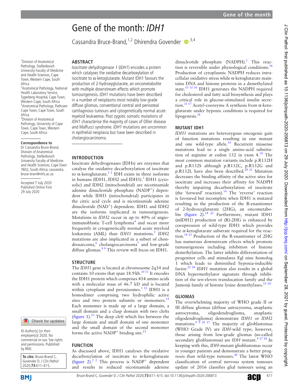 Gene of the Month: IDH1 J Clin Pathol: First Published As 10.1136/Jclinpath-2020-206813 on 29 July 2020